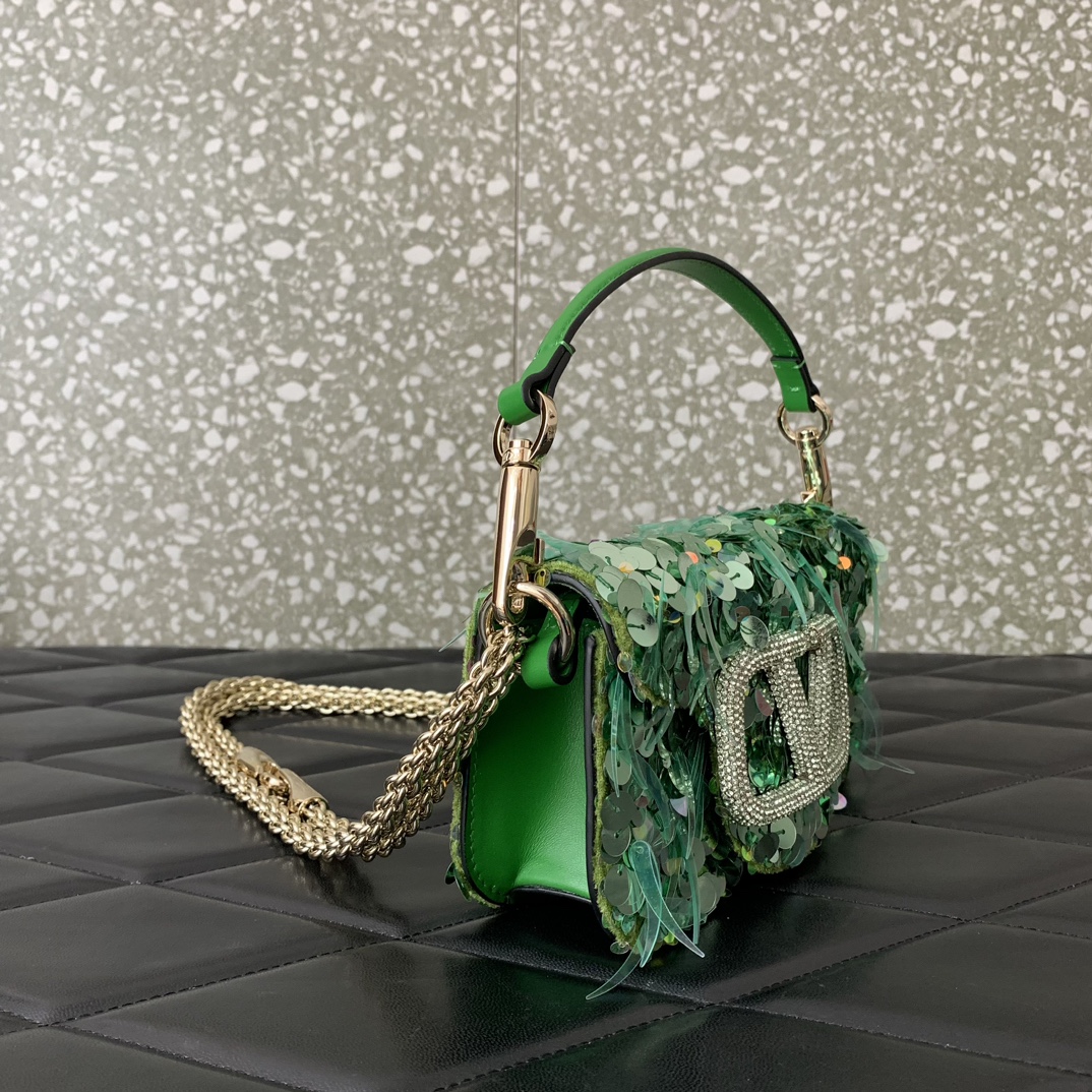 Valentino Garavani Loco Small Embroidered Shoulder Bag with Light Green Beaded Fringes